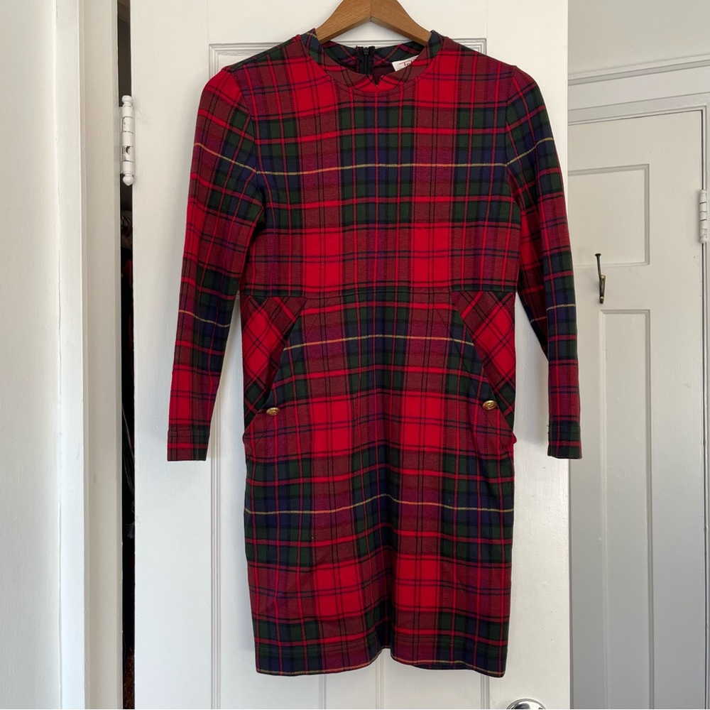 Talbots Cotton Red and Green Plaid Tartan Shift Dress, XS/Petite